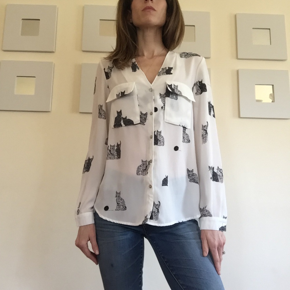 Zara Basic Black Cat Long Sleeve Blouse